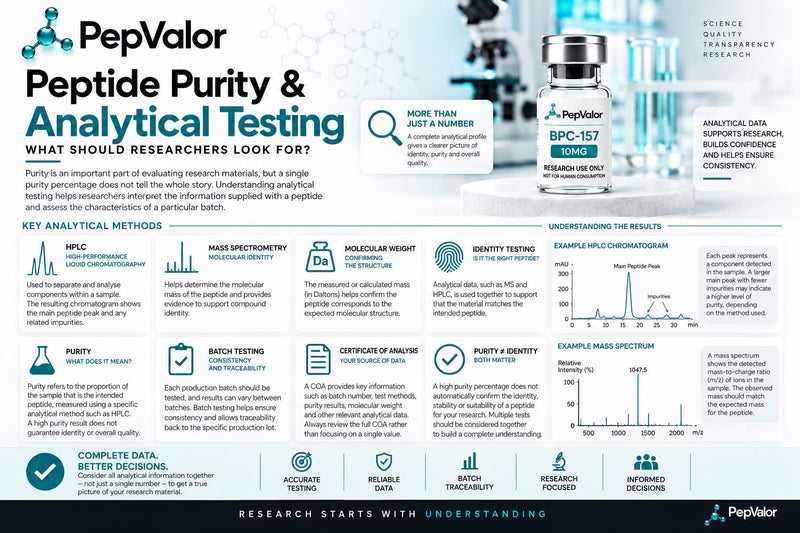PepValor peptide purity and analytical testing infographic covering HPLC, mass spectrometry, molecular weight, identity testing, batch traceability and Certificates of Analysis.